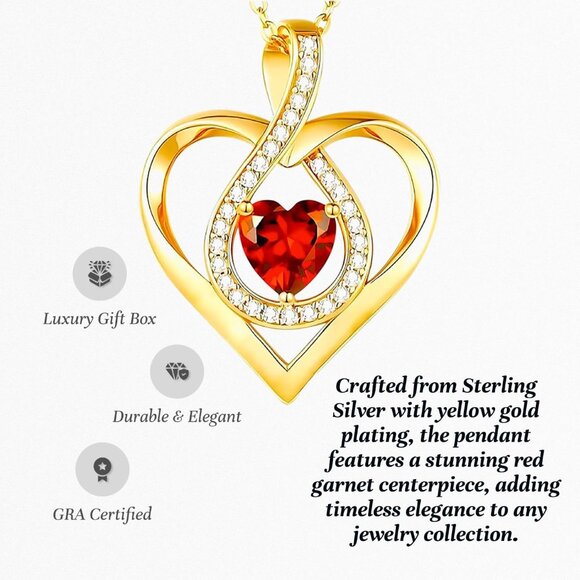 Yellow Gold Heart Pendant Necklace with Red Garnet and Crystals for Women - Picture 5 of 8